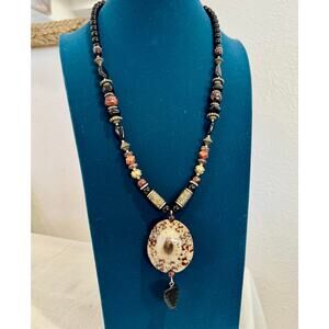 Long Bohemian Shell Pendant Necklace Earth Tone Beads